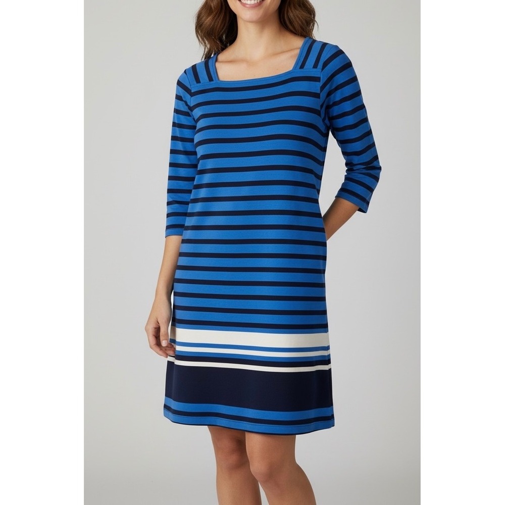 LL Bean Blue Striped Dress Nautical Coastal Casual Cotton Square Neck 3/4 Sleeve